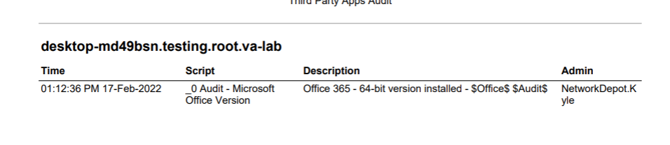 A sample Audit report inside of Kaseya showing the Office 365 installed (64 Bit version).