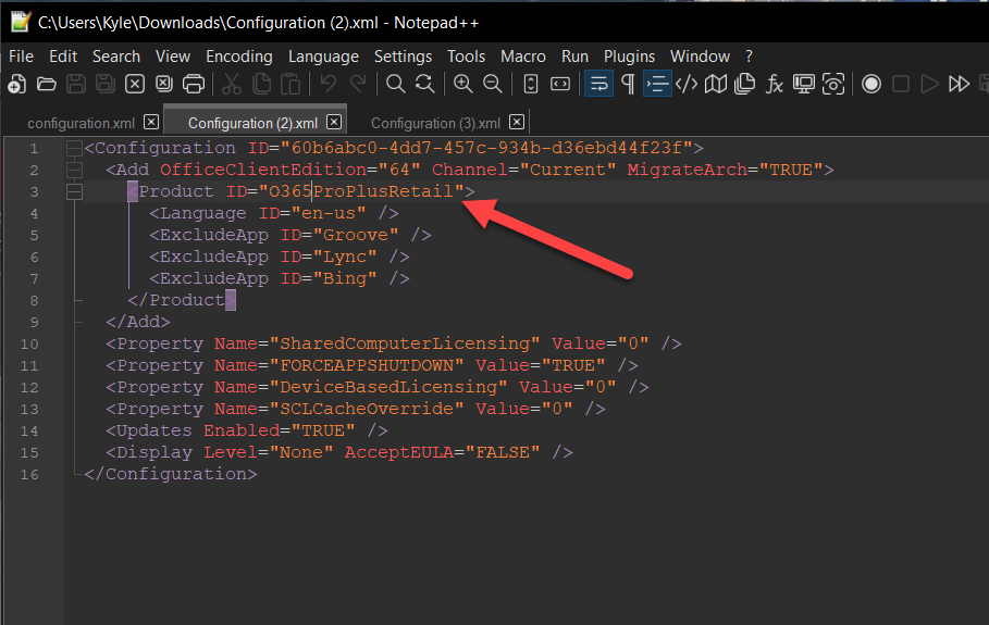 View the exported XML file to identify which version of Office to download.